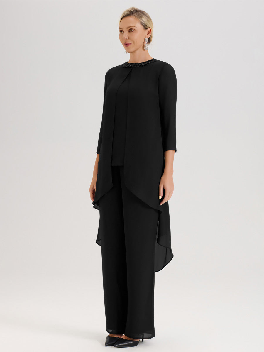 Cicinia Noir Ensemble Pantalon 2 Pièces Pour Mère De La Mariée En Mousseline À Col Rond Et Manches Longues