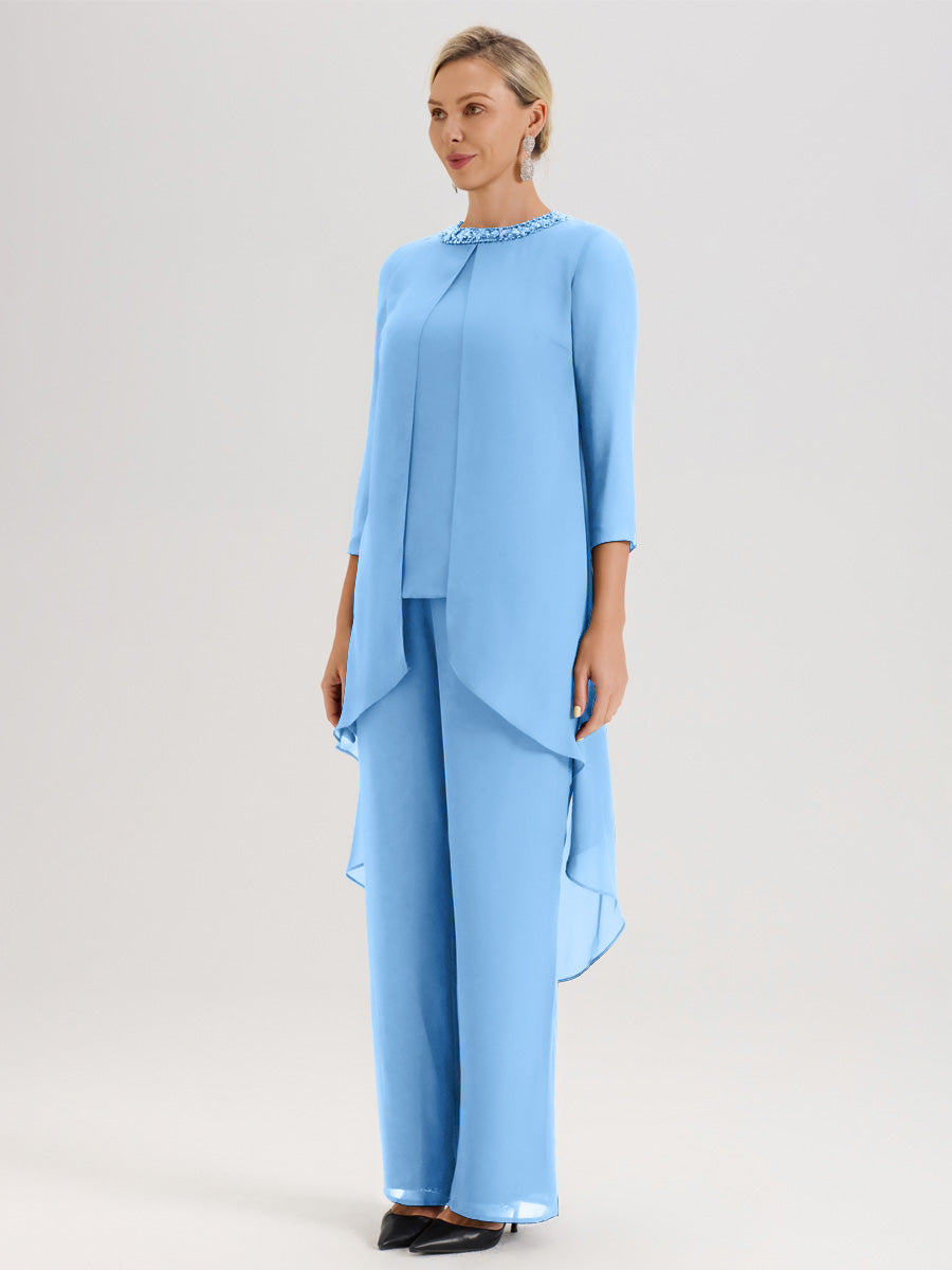 Cicinia Bleu Ensemble Pantalon 2 Pièces Pour Mère De La Mariée En Mousseline À Col Rond Et Manches Longues