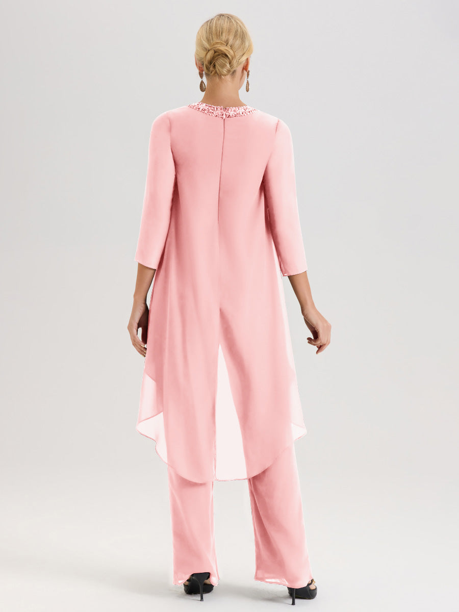 Cicinia Rose Ensemble Pantalon 2 Pièces Pour Mère De La Mariée En Mousseline À Col Rond Et Manches Longues