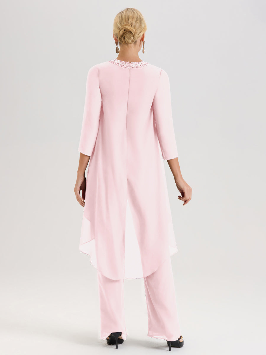 Cicinia Rose Pâle Ensemble Pantalon 2 Pièces Pour Mère De La Mariée En Mousseline À Col Rond Et Manches Longues