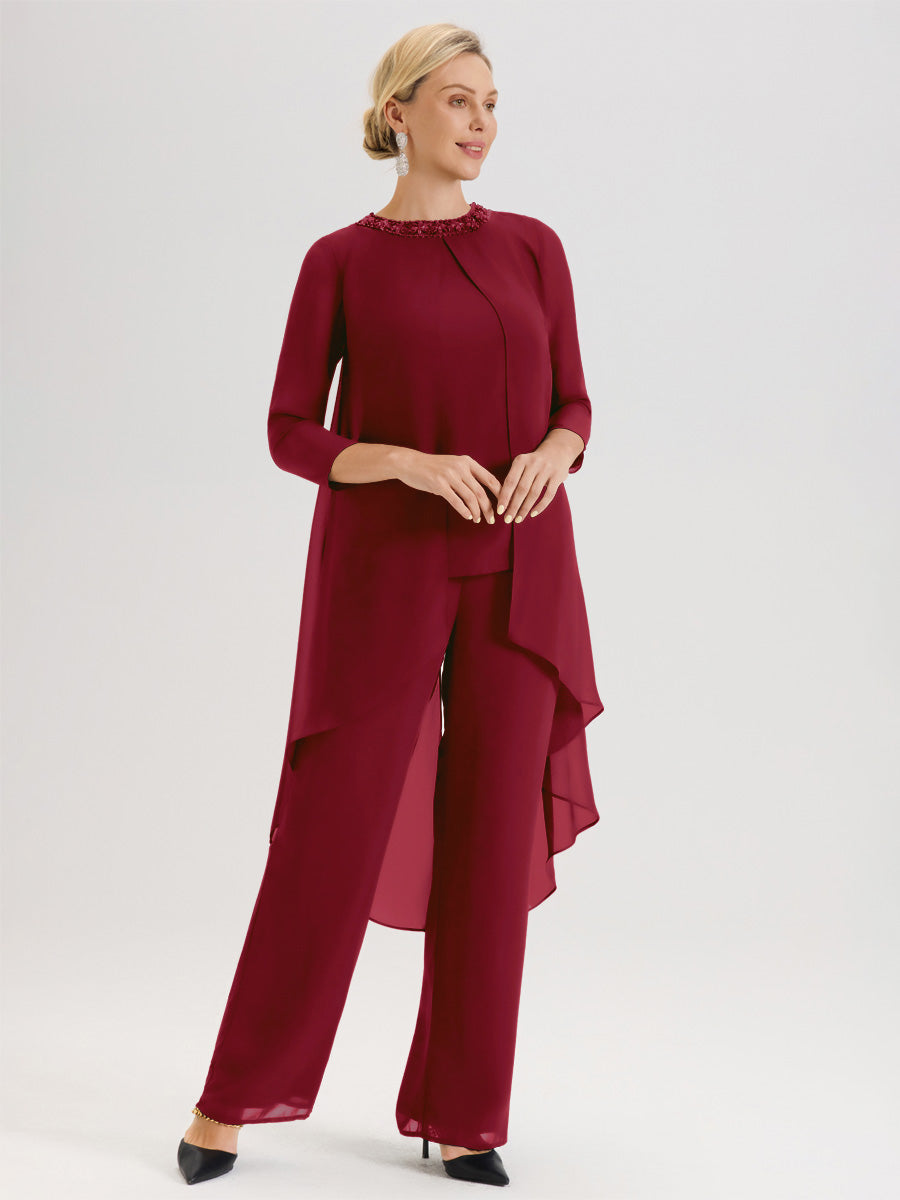 Cicinia Bordeaux Ensemble Pantalon 2 Pièces Pour Mère De La Mariée En Mousseline À Col Rond Et Manches Longues