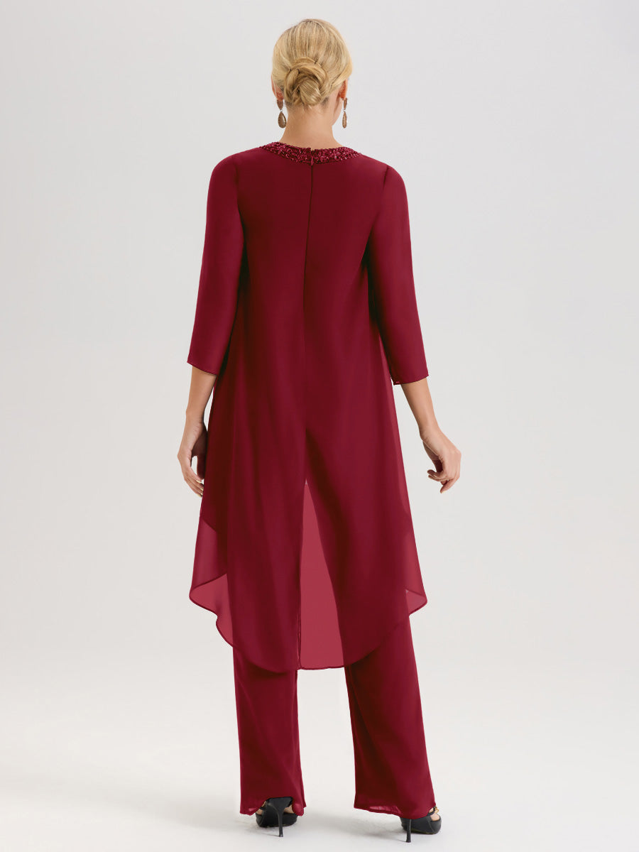 Cicinia Bordeaux Ensemble Pantalon 2 Pièces Pour Mère De La Mariée En Mousseline À Col Rond Et Manches Longues