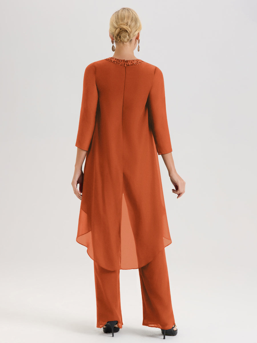 Cicinia Orange Brûlé Ensemble Pantalon 2 Pièces Pour Mère De La Mariée En Mousseline À Col Rond Et Manches Longues