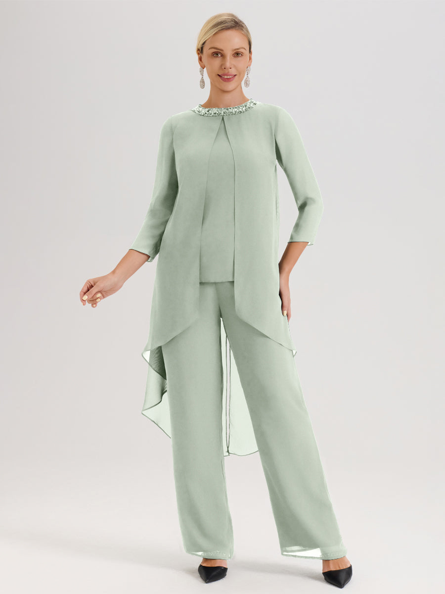 Cicinia Celadon Ensemble Pantalon 2 Pièces Pour Mère De La Mariée En Mousseline À Col Rond Et Manches Longues