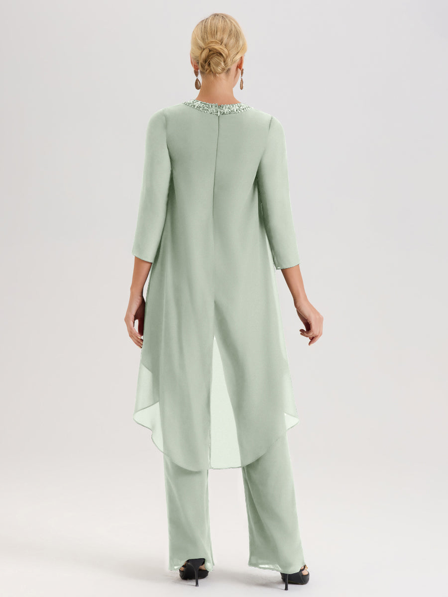 Cicinia Celadon Ensemble Pantalon 2 Pièces Pour Mère De La Mariée En Mousseline À Col Rond Et Manches Longues