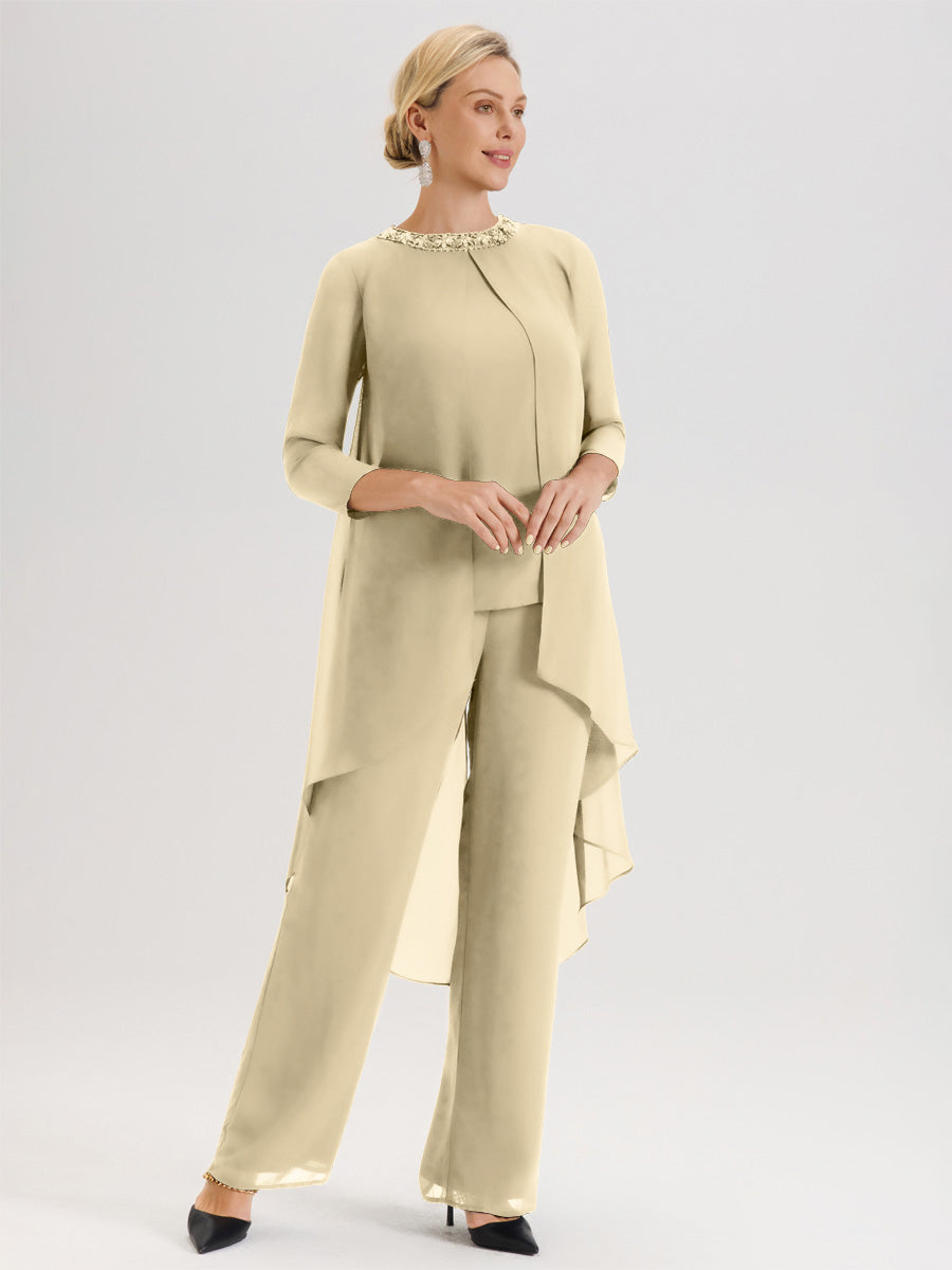 Cicinia Champagne Ensemble Pantalon 2 Pièces Pour Mère De La Mariée En Mousseline À Col Rond Et Manches Longues
