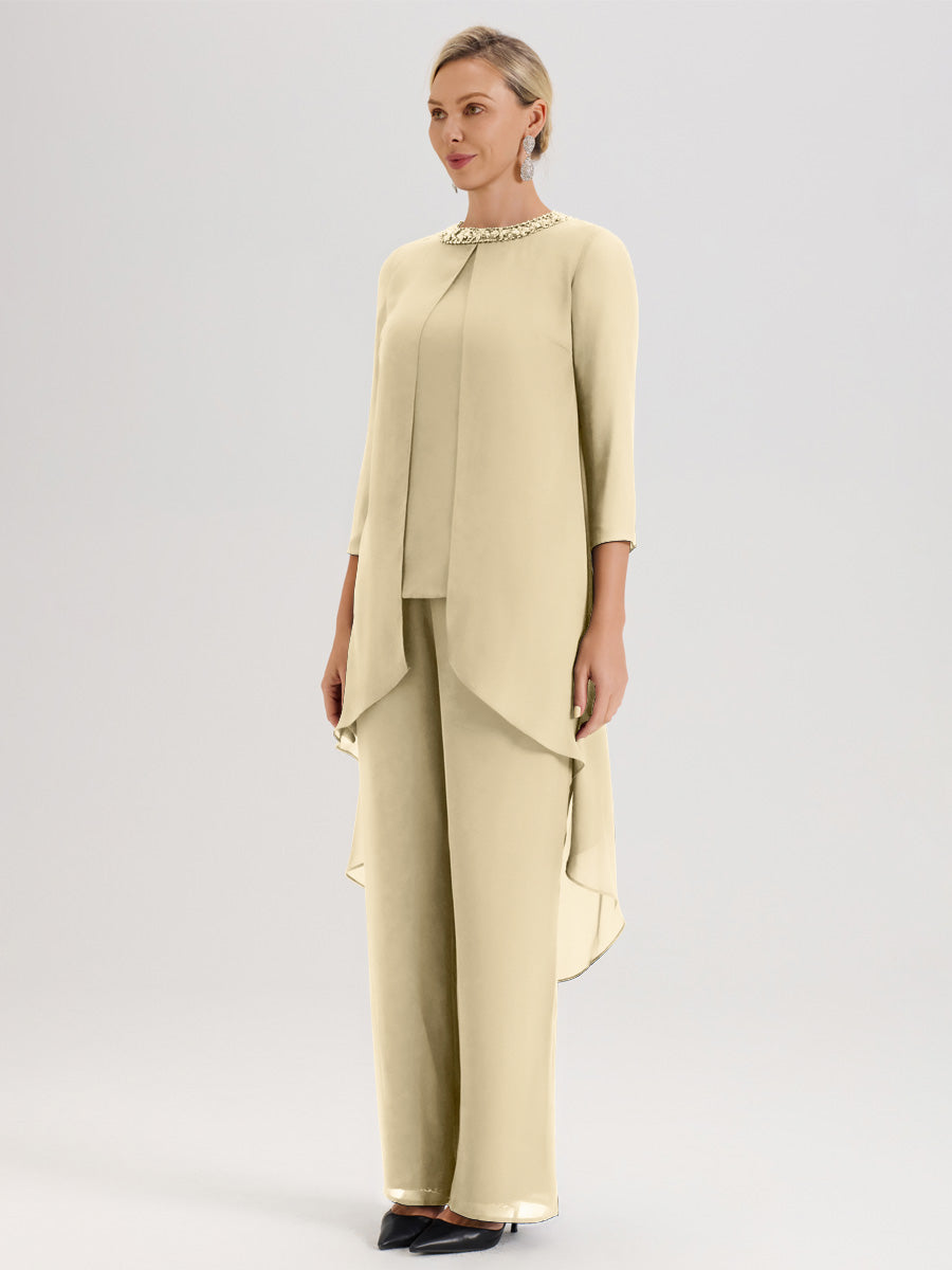 Cicinia Champagne Ensemble Pantalon 2 Pièces Pour Mère De La Mariée En Mousseline À Col Rond Et Manches Longues