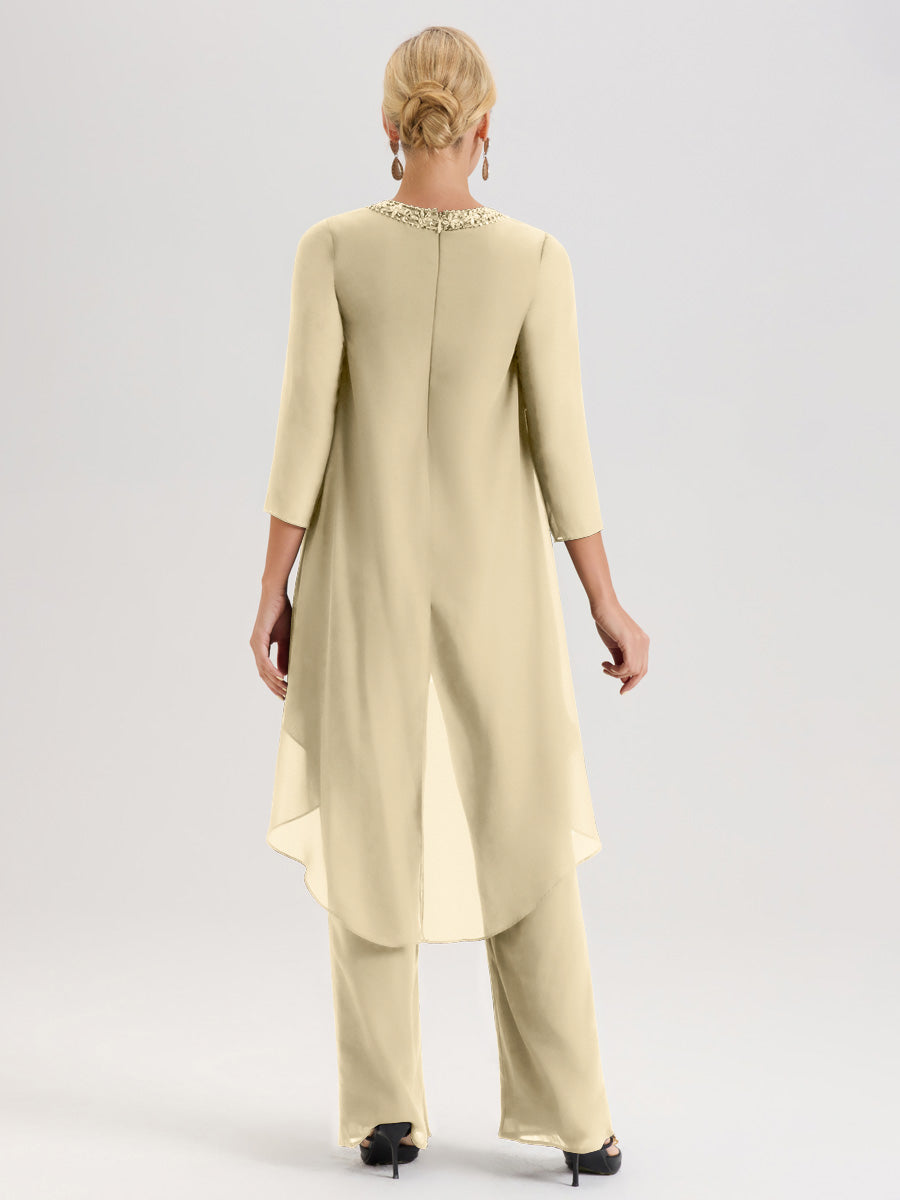 Cicinia Champagne Ensemble Pantalon 2 Pièces Pour Mère De La Mariée En Mousseline À Col Rond Et Manches Longues