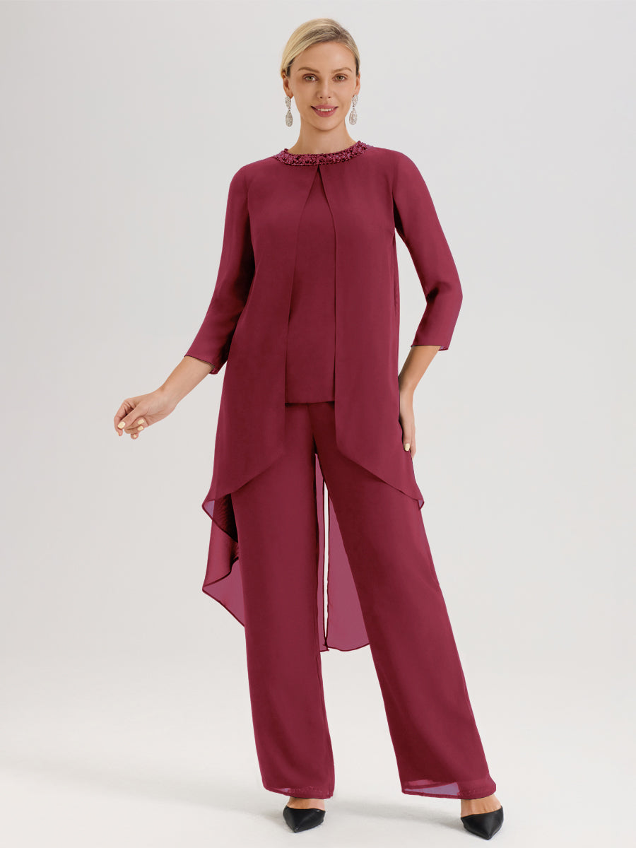 Cicinia Rose Cannelle Ensemble Pantalon 2 Pièces Pour Mère De La Mariée En Mousseline À Col Rond Et Manches Longues