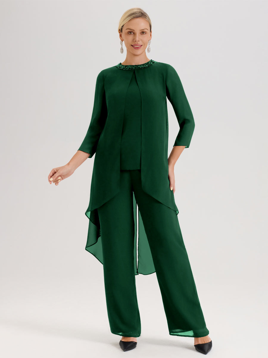 Cicinia Vert Foncé Ensemble Pantalon 2 Pièces Pour Mère De La Mariée En Mousseline À Col Rond Et Manches Longues