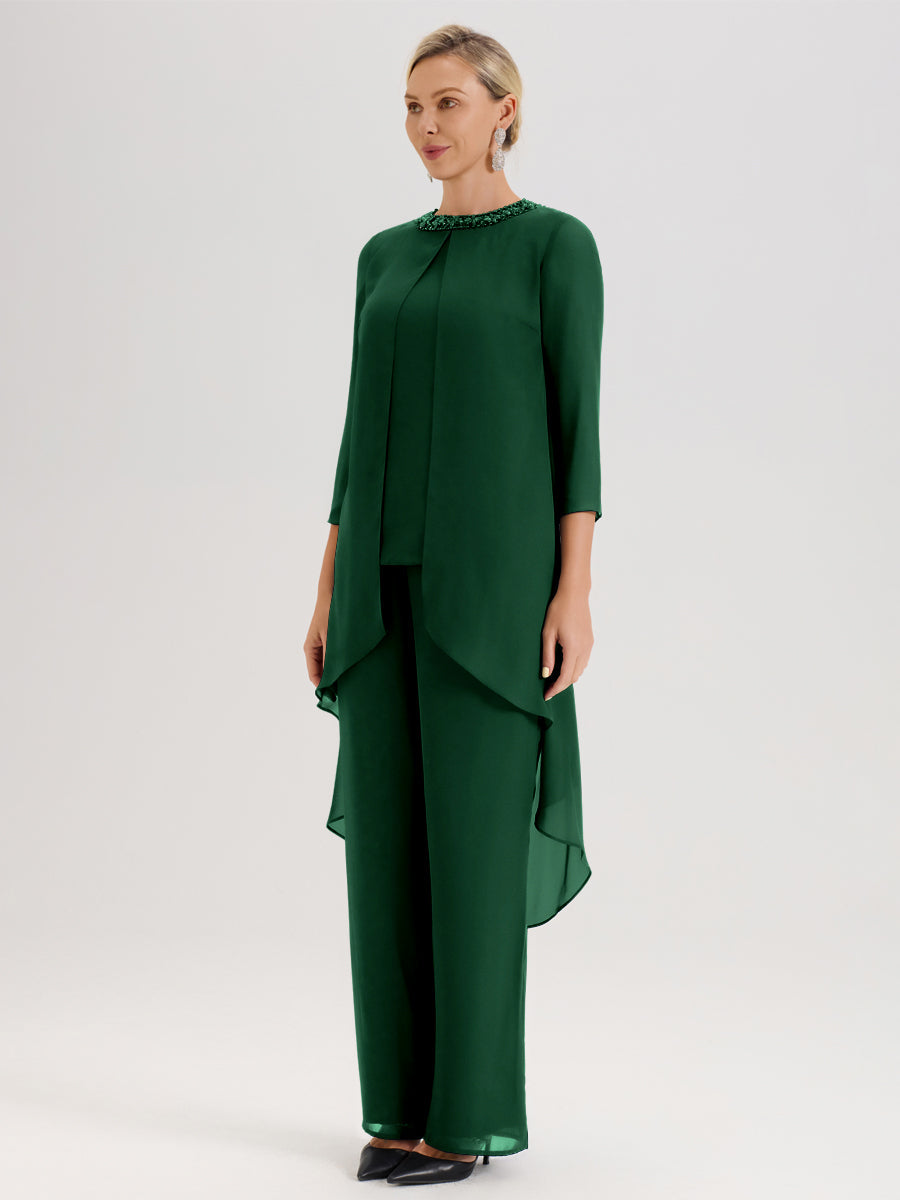 Cicinia Vert Foncé Ensemble Pantalon 2 Pièces Pour Mère De La Mariée En Mousseline À Col Rond Et Manches Longues