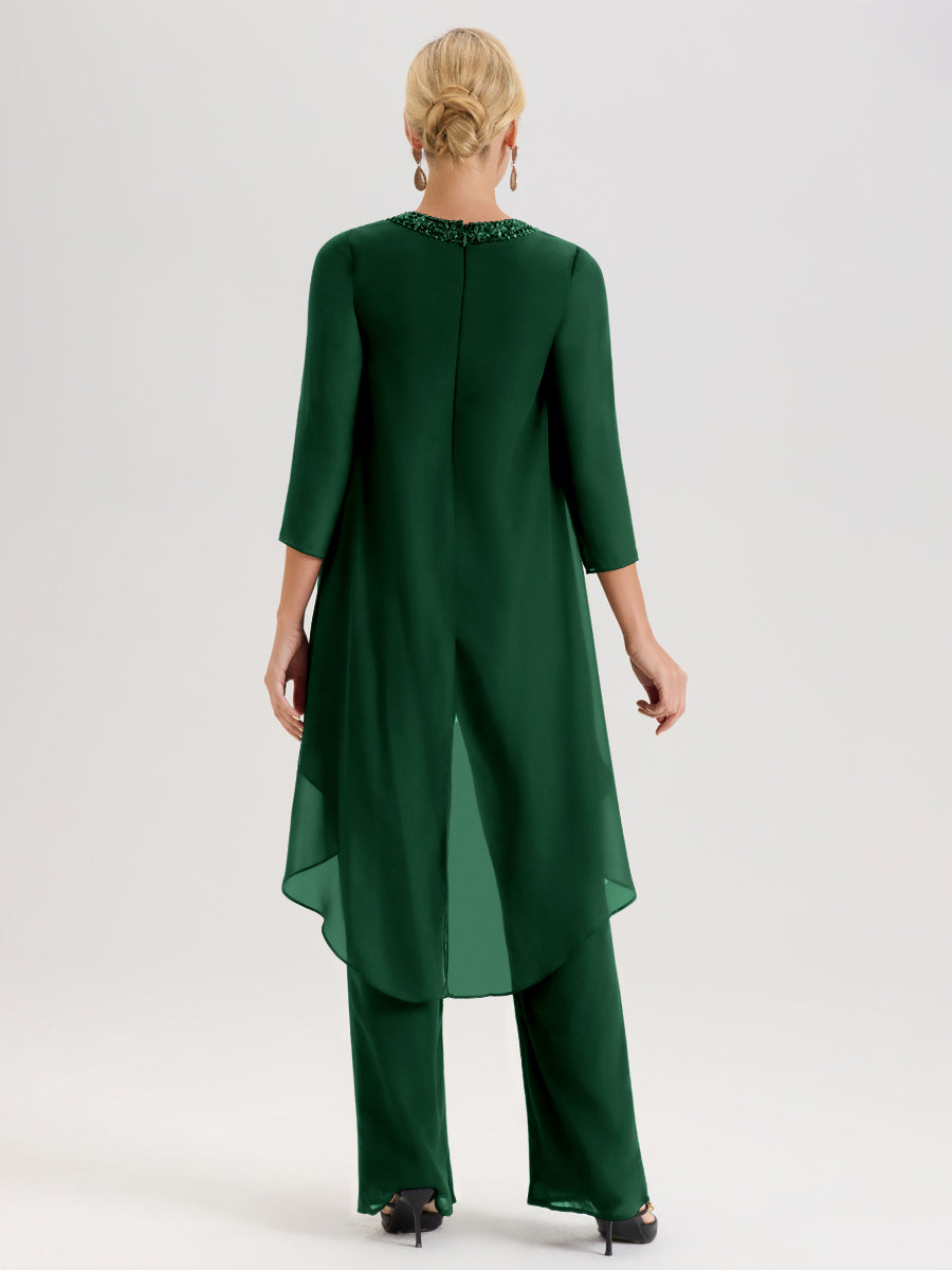 Cicinia Vert Foncé Ensemble Pantalon 2 Pièces Pour Mère De La Mariée En Mousseline À Col Rond Et Manches Longues