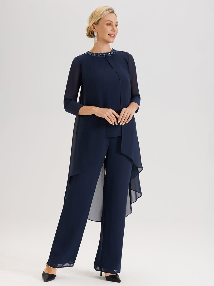 Cicinia Bleu Marine Ensemble Pantalon 2 Pièces Pour Mère De La Mariée En Mousseline À Col Rond Et Manches Longues