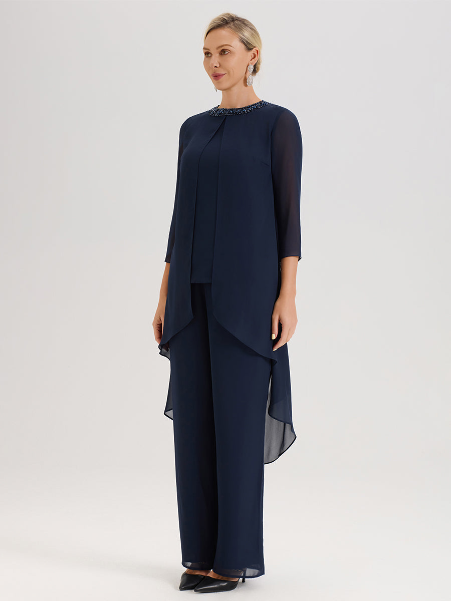 Cicinia Bleu Marine Ensemble Pantalon 2 Pièces Pour Mère De La Mariée En Mousseline À Col Rond Et Manches Longues