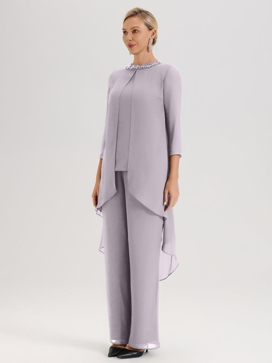 Cicinia Crépuscule Ensemble Pantalon 2 Pièces Pour Mère De La Mariée En Mousseline À Col Rond Et Manches Longues