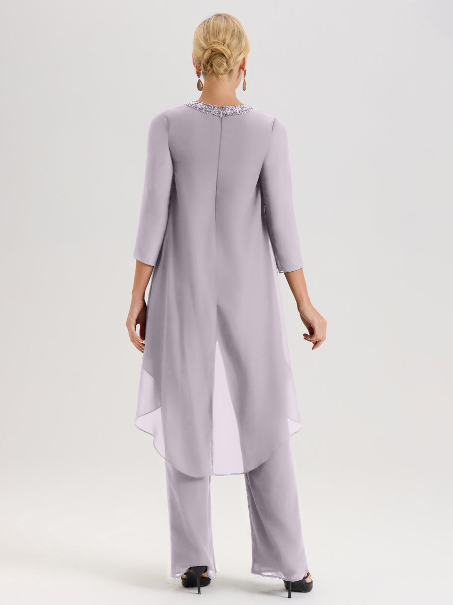 Cicinia Crépuscule Ensemble Pantalon 2 Pièces Pour Mère De La Mariée En Mousseline À Col Rond Et Manches Longues