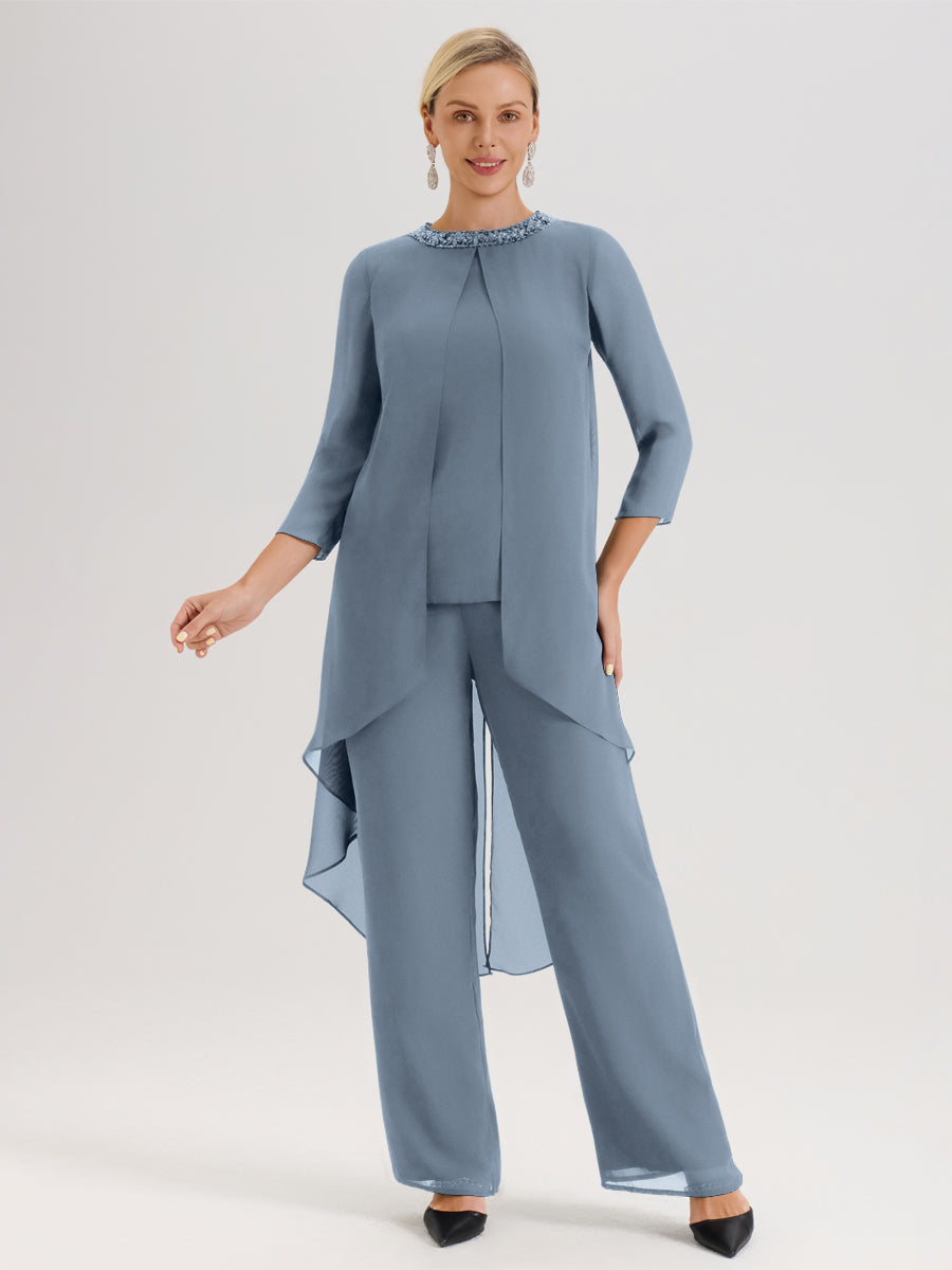 Cicinia Bleu Poudré Ensemble Pantalon 2 Pièces Pour Mère De La Mariée En Mousseline À Col Rond Et Manches Longues