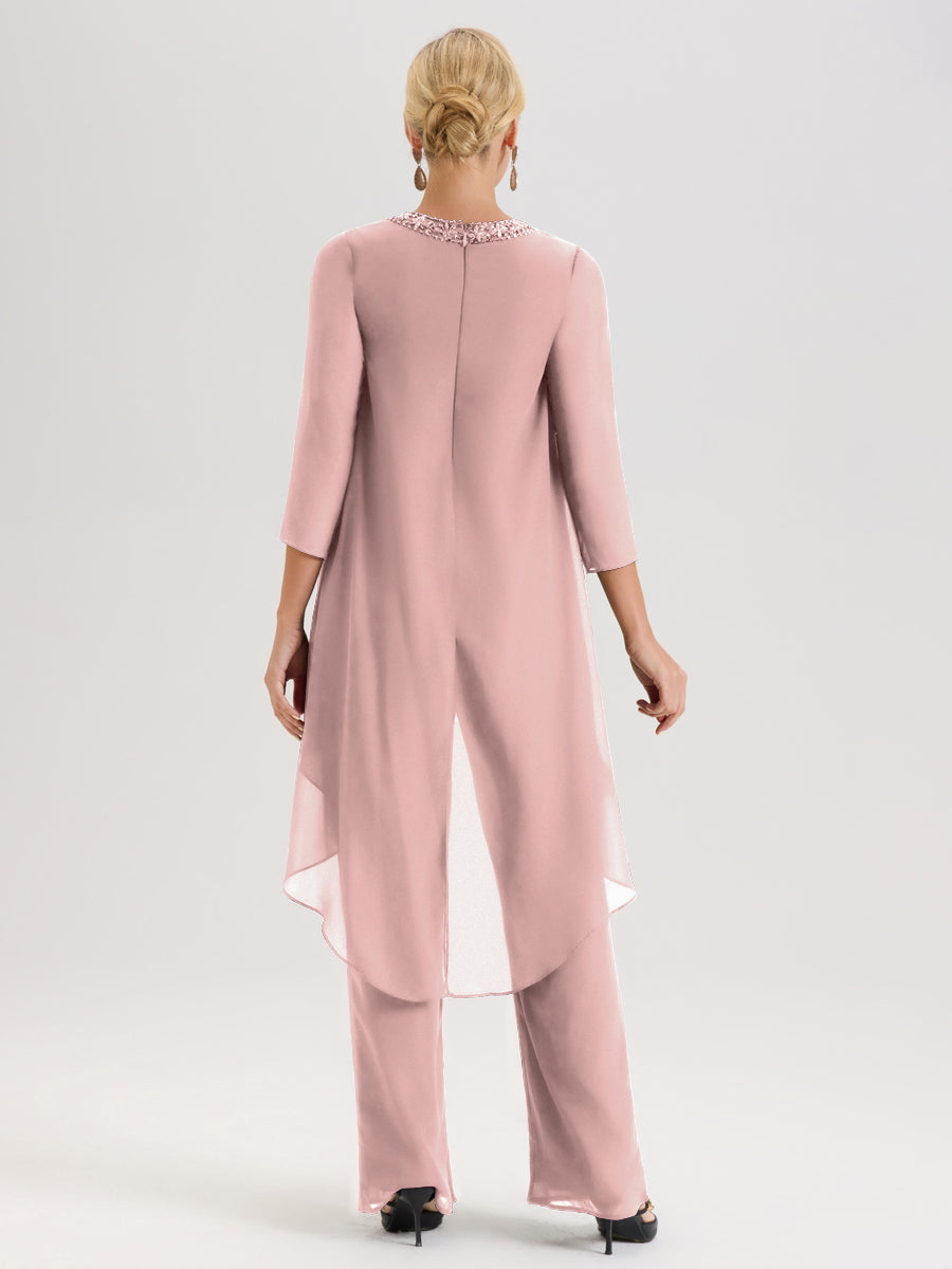 Cicinia Rose Poudré Ensemble Pantalon 2 Pièces Pour Mère De La Mariée En Mousseline À Col Rond Et Manches Longues