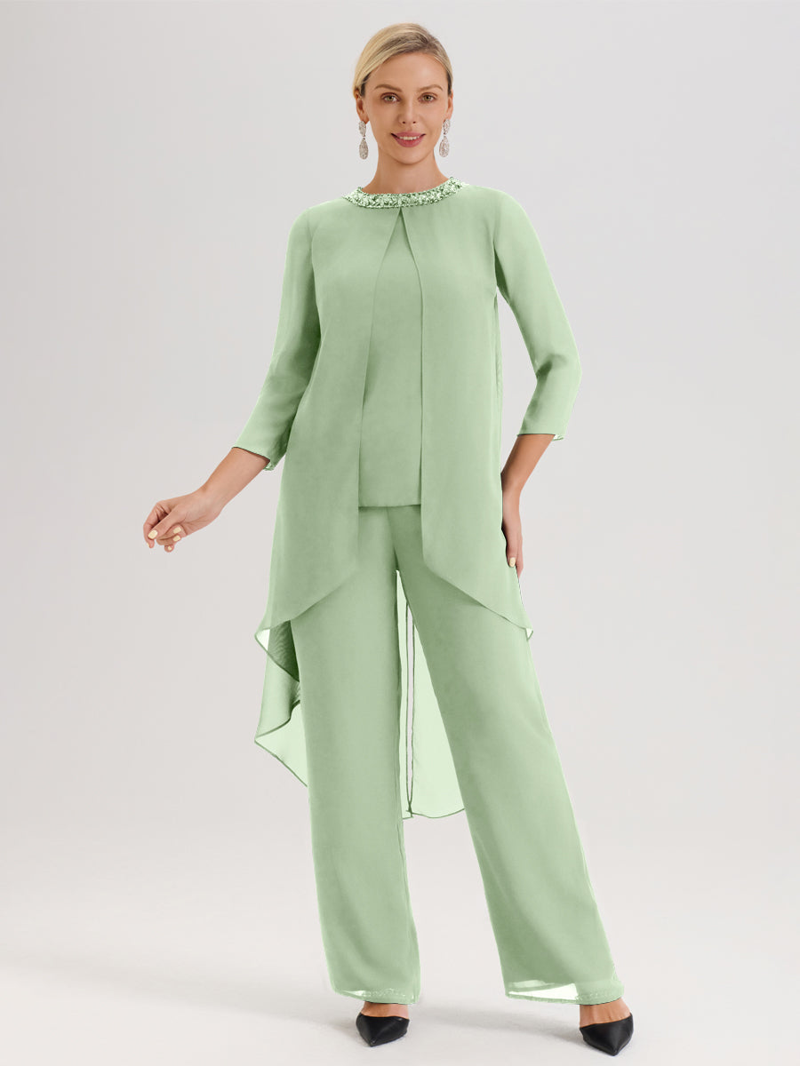 Cicinia Sauge Poudrée Ensemble Pantalon 2 Pièces Pour Mère De La Mariée En Mousseline À Col Rond Et Manches Longues