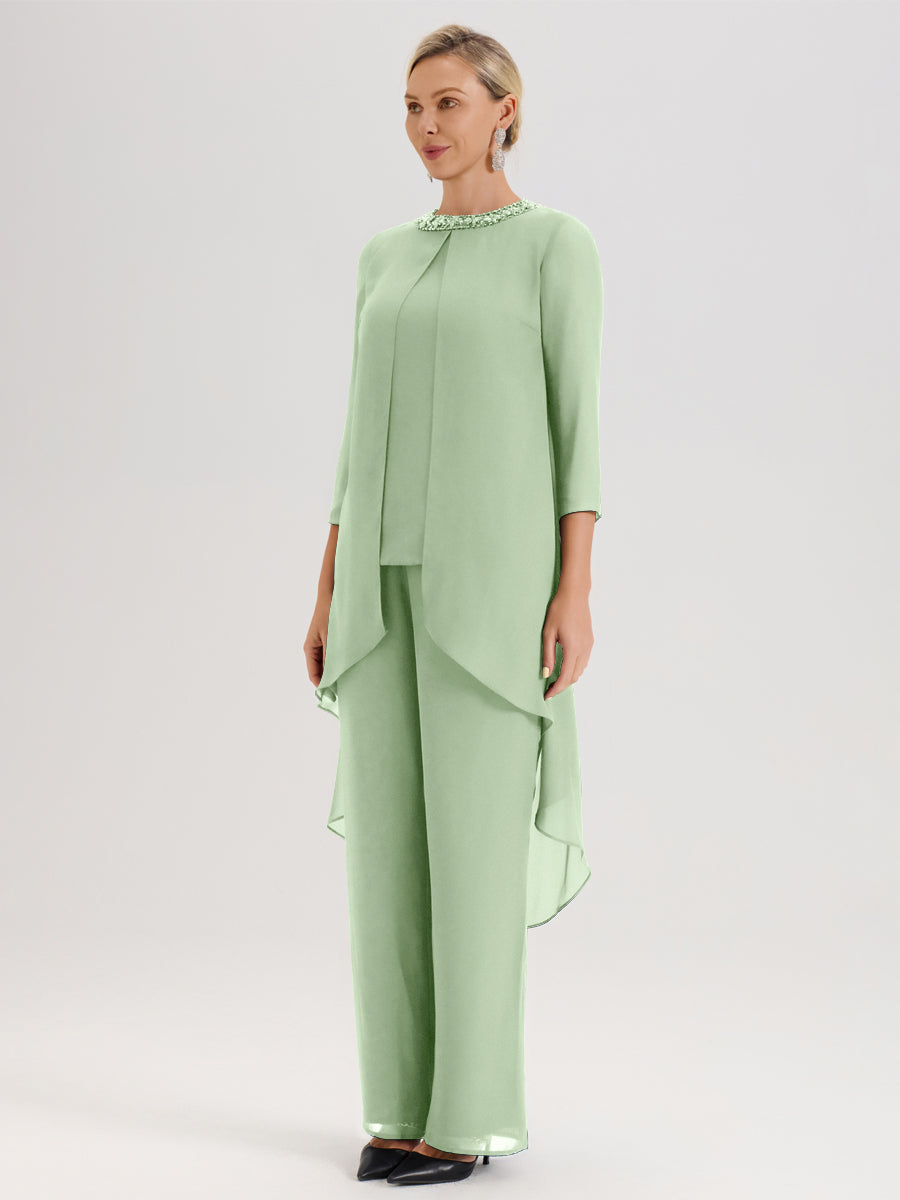 Cicinia Sauge Poudrée Ensemble Pantalon 2 Pièces Pour Mère De La Mariée En Mousseline À Col Rond Et Manches Longues