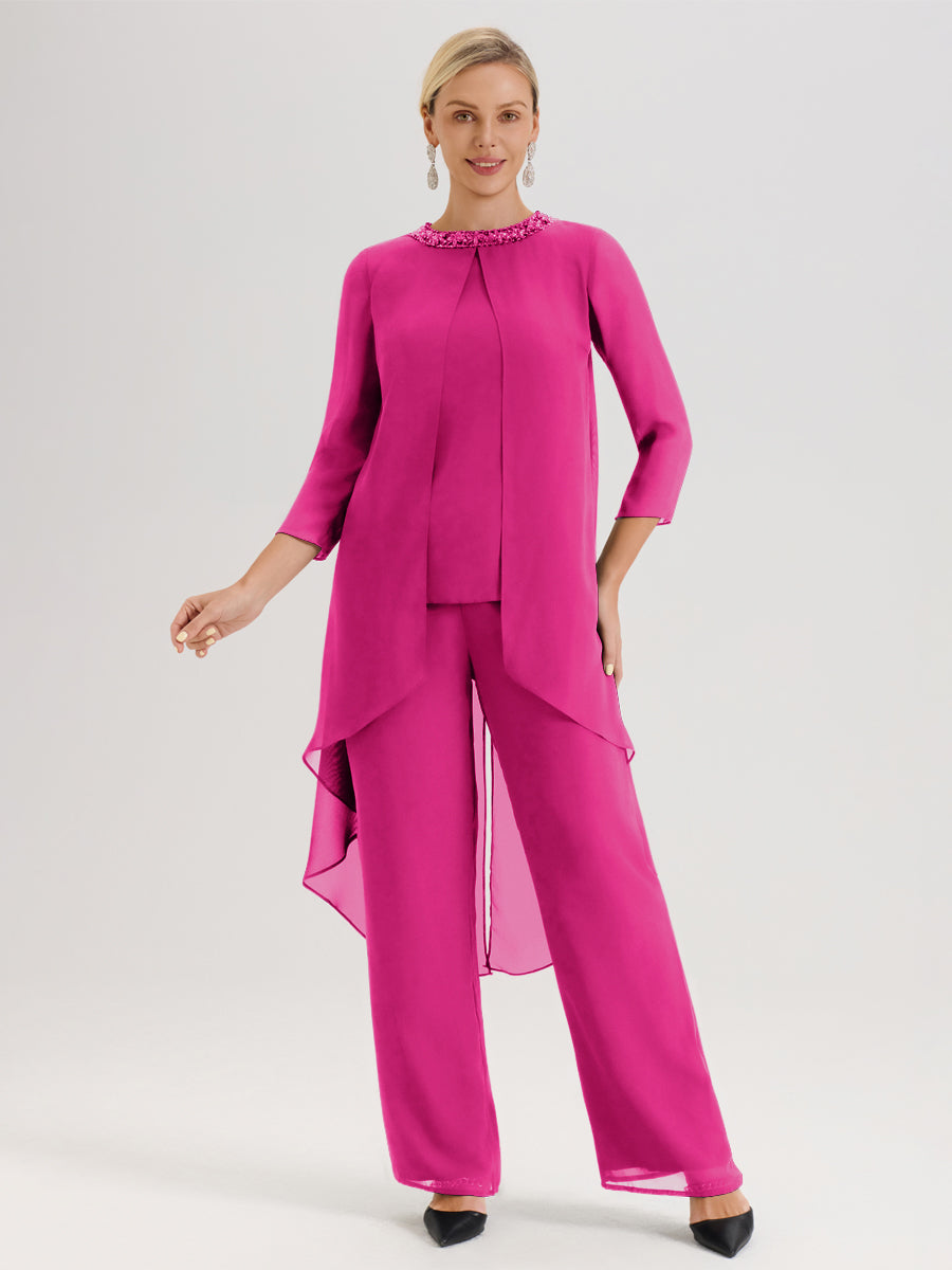 Cicinia Fuchsia Ensemble Pantalon 2 Pièces Pour Mère De La Mariée En Mousseline À Col Rond Et Manches Longues