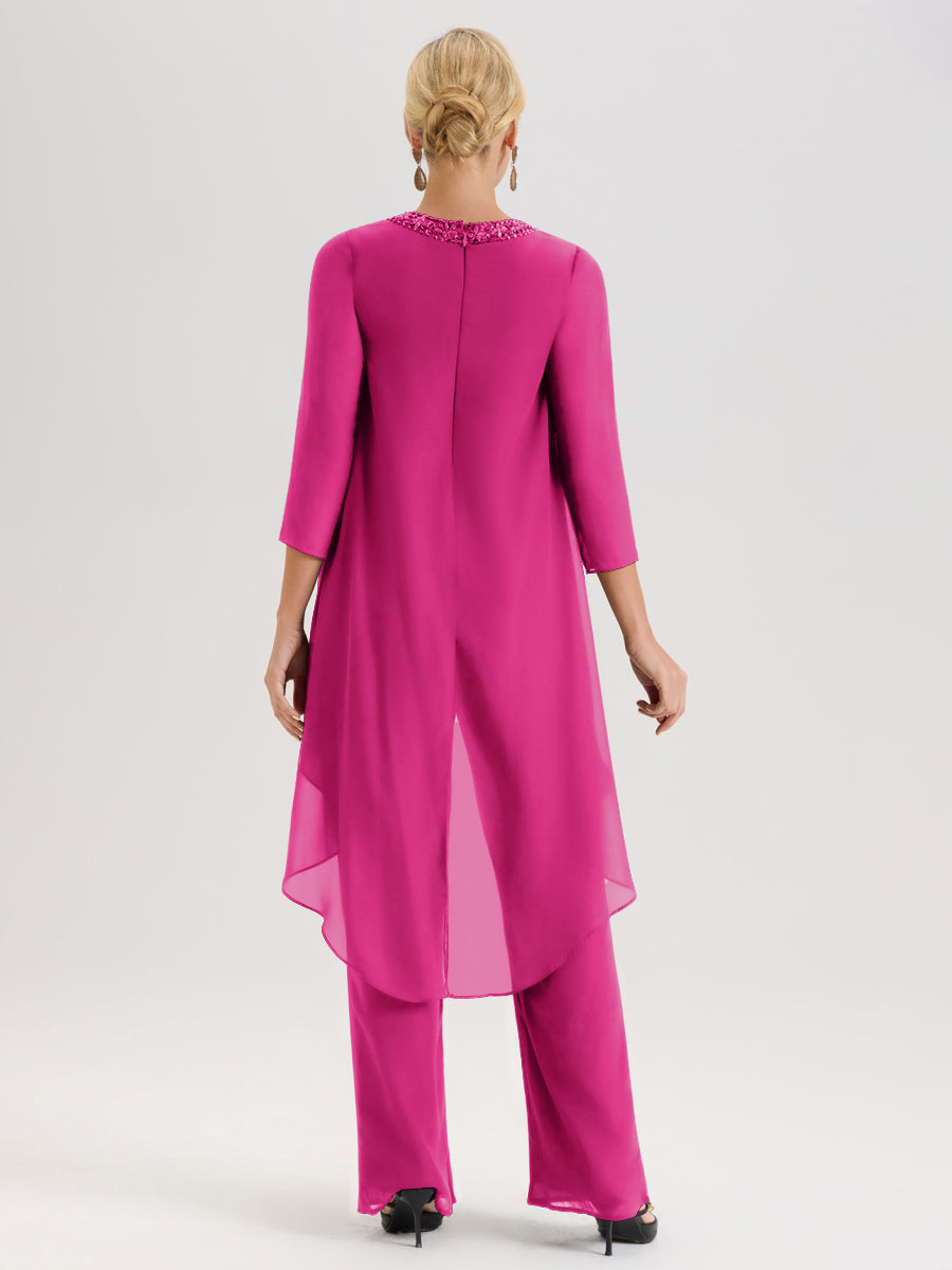 Cicinia Fuchsia Ensemble Pantalon 2 Pièces Pour Mère De La Mariée En Mousseline À Col Rond Et Manches Longues