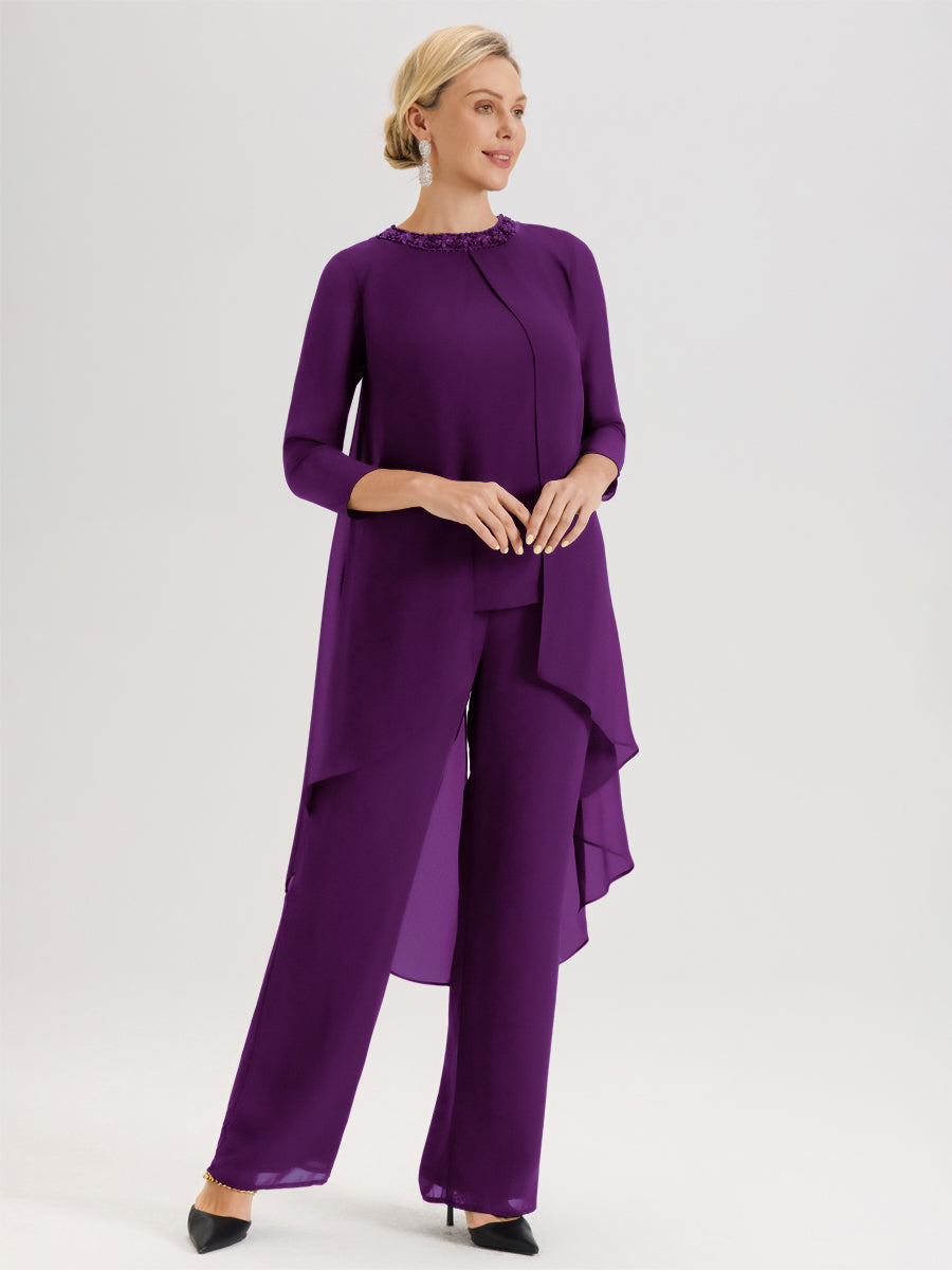 Cicinia Raisin Ensemble Pantalon 2 Pièces Pour Mère De La Mariée En Mousseline À Col Rond Et Manches Longues