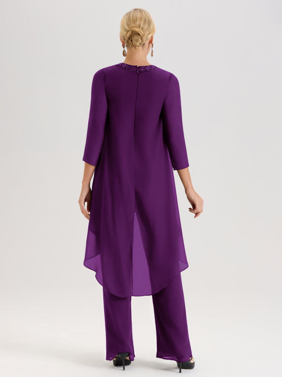 Cicinia Raisin Ensemble Pantalon 2 Pièces Pour Mère De La Mariée En Mousseline À Col Rond Et Manches Longues