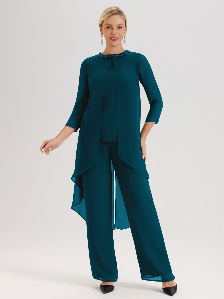 Cicinia Bleu Encre Ensemble Pantalon 2 Pièces Pour Mère De La Mariée En Mousseline À Col Rond Et Manches Longues