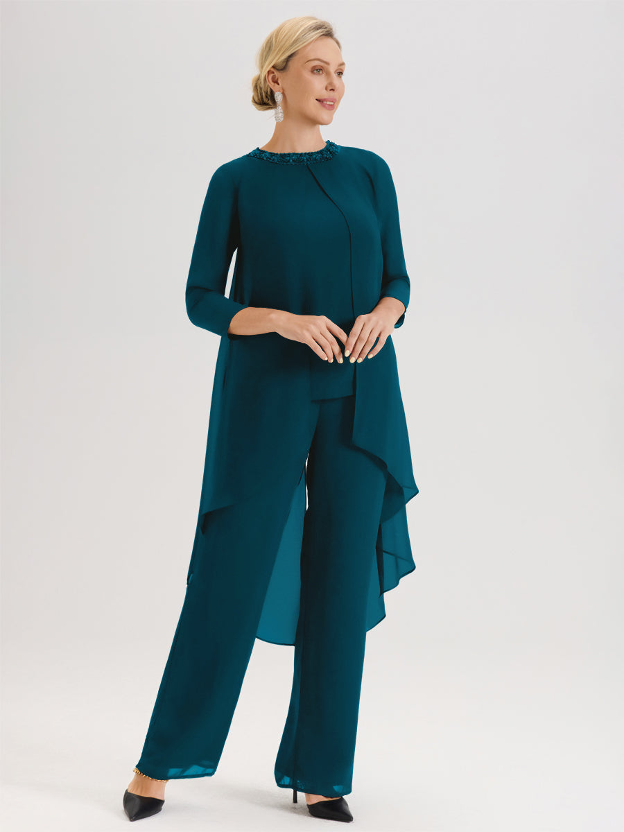 Cicinia Bleu Encre Ensemble Pantalon 2 Pièces Pour Mère De La Mariée En Mousseline À Col Rond Et Manches Longues