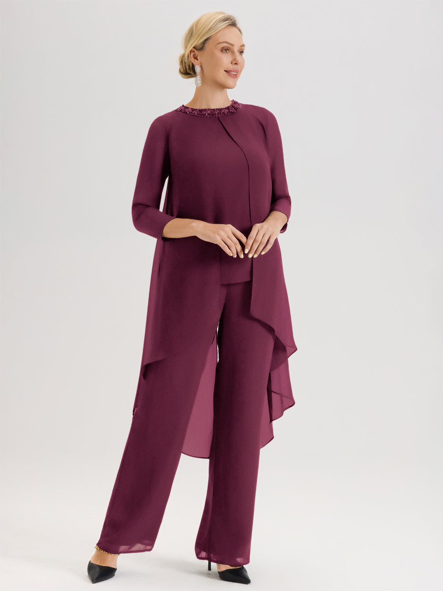 Cicinia Mûre Ensemble Pantalon 2 Pièces Pour Mère De La Mariée En Mousseline À Col Rond Et Manches Longues