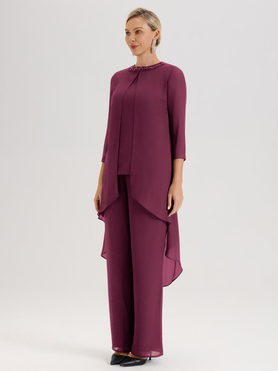 Cicinia Mûre Ensemble Pantalon 2 Pièces Pour Mère De La Mariée En Mousseline À Col Rond Et Manches Longues