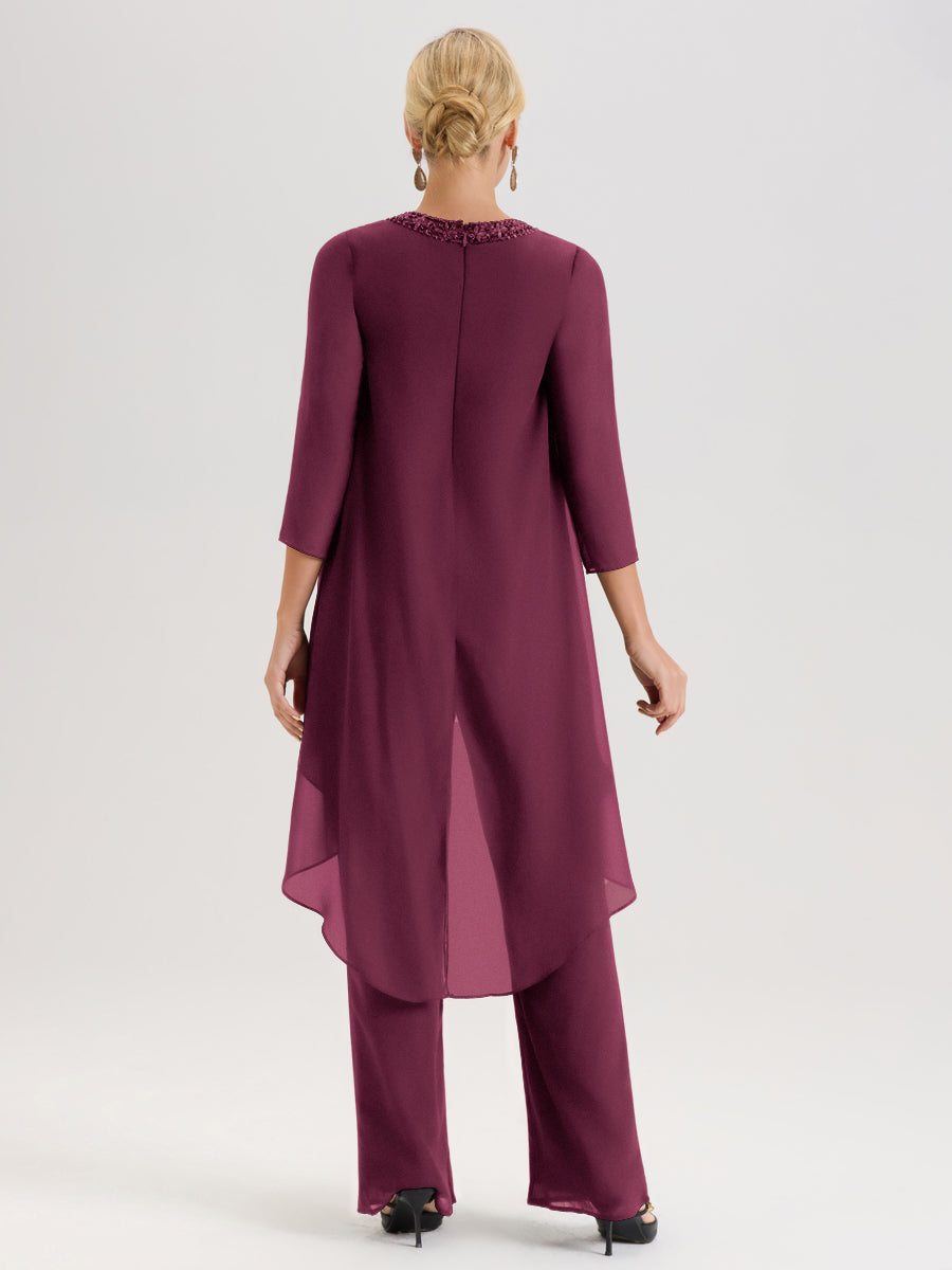 Cicinia Mûre Ensemble Pantalon 2 Pièces Pour Mère De La Mariée En Mousseline À Col Rond Et Manches Longues
