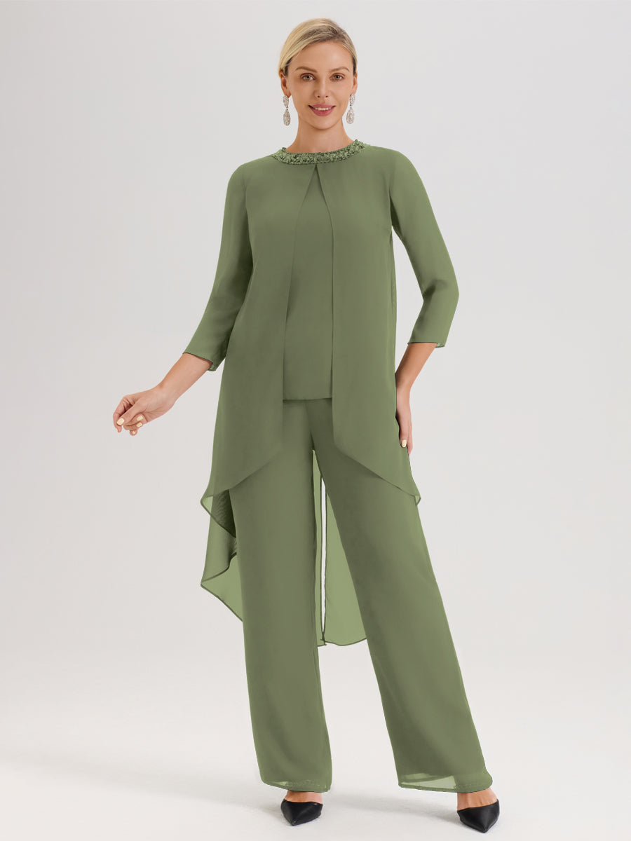 Cicinia Vert Olive Ensemble Pantalon 2 Pièces Pour Mère De La Mariée En Mousseline À Col Rond Et Manches Longues