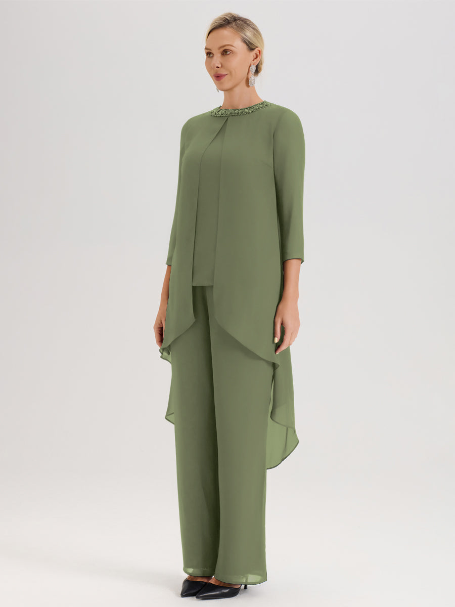 Cicinia Vert Olive Ensemble Pantalon 2 Pièces Pour Mère De La Mariée En Mousseline À Col Rond Et Manches Longues