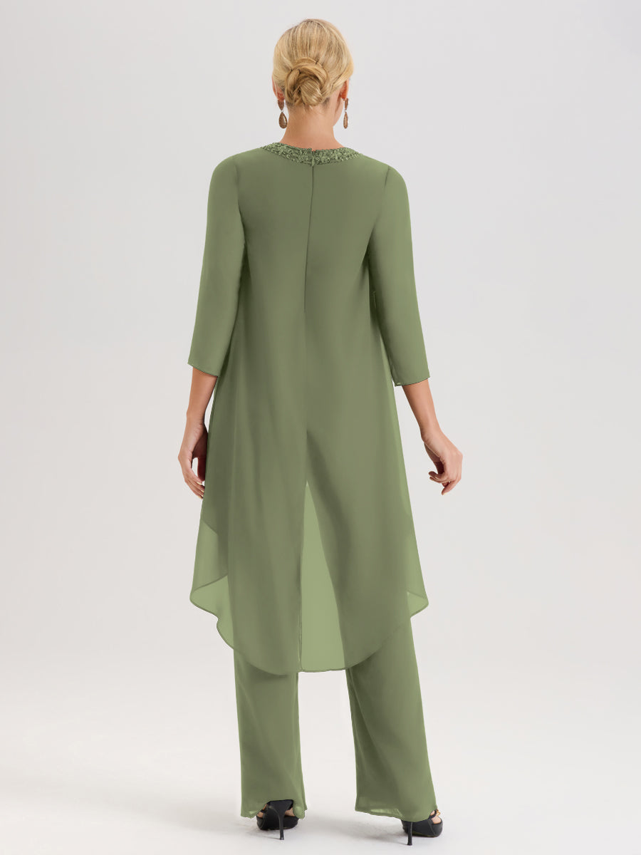 Cicinia Vert Olive Ensemble Pantalon 2 Pièces Pour Mère De La Mariée En Mousseline À Col Rond Et Manches Longues