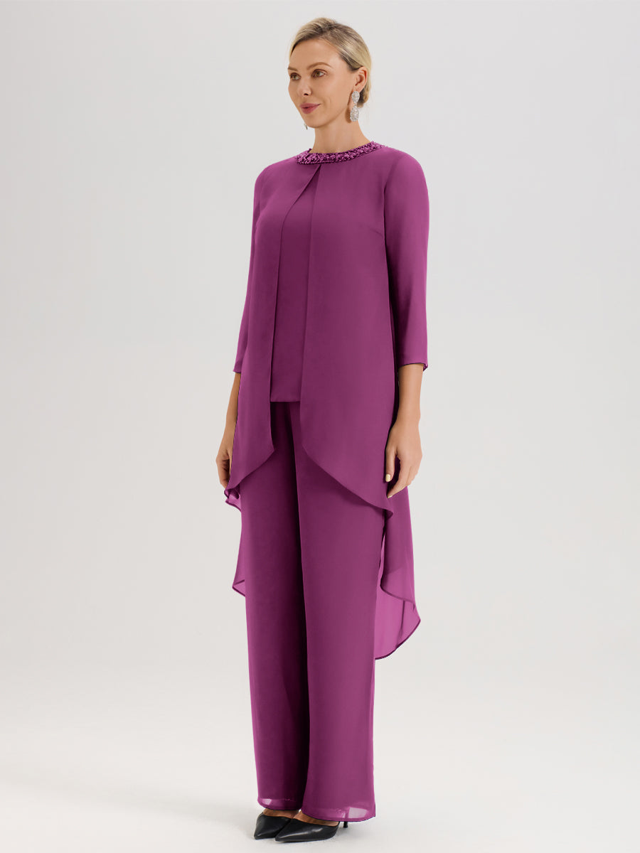Cicinia Orchidée Ensemble Pantalon 2 Pièces Pour Mère De La Mariée En Mousseline À Col Rond Et Manches Longues