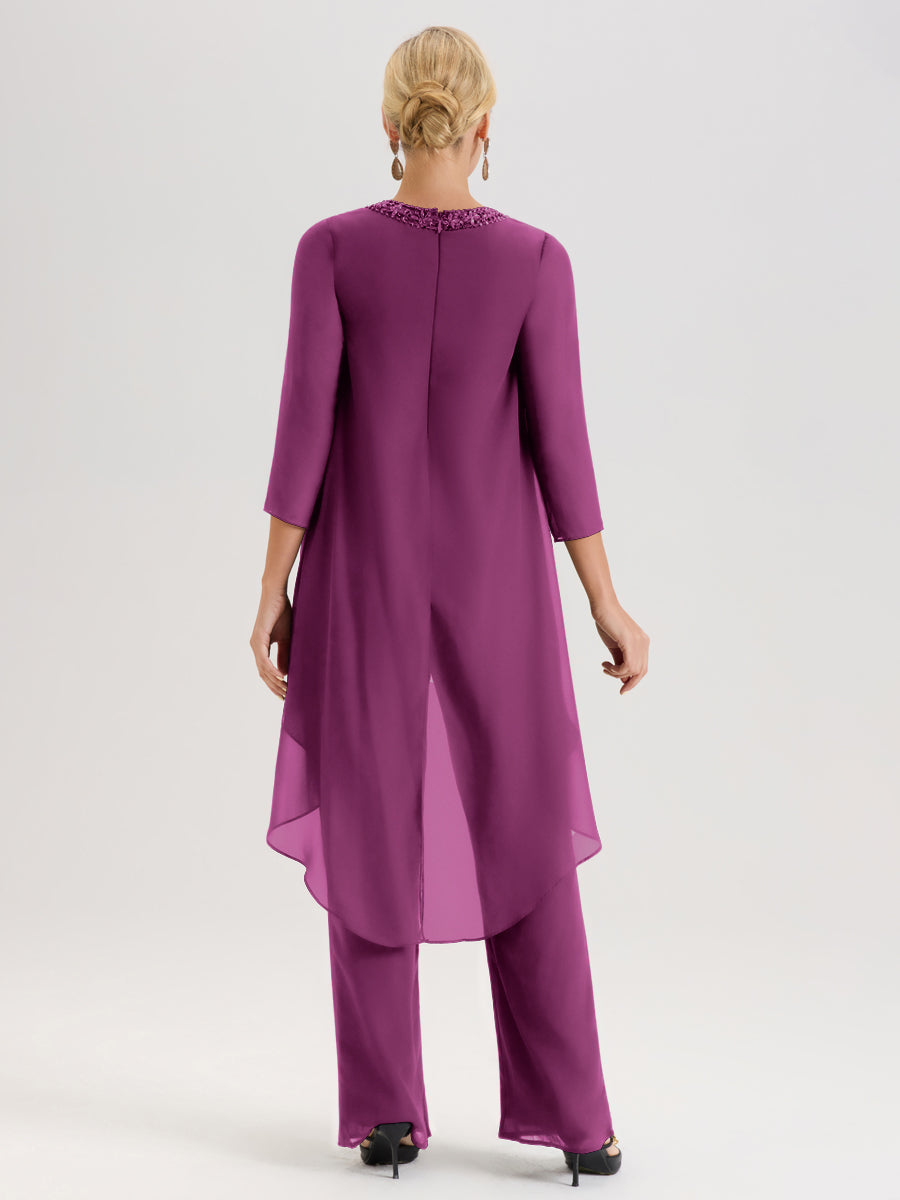 Cicinia Orchidée Ensemble Pantalon 2 Pièces Pour Mère De La Mariée En Mousseline À Col Rond Et Manches Longues
