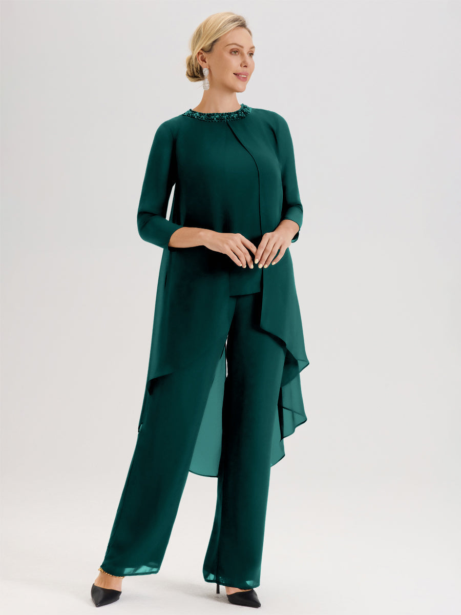 Cicinia Paon Ensemble Pantalon 2 Pièces Pour Mère De La Mariée En Mousseline À Col Rond Et Manches Longues