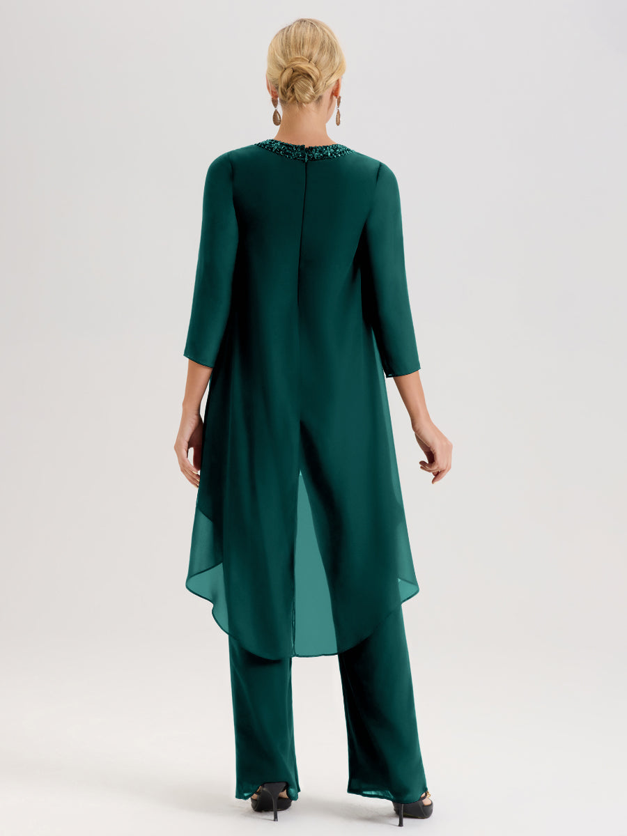 Cicinia Paon Ensemble Pantalon 2 Pièces Pour Mère De La Mariée En Mousseline À Col Rond Et Manches Longues