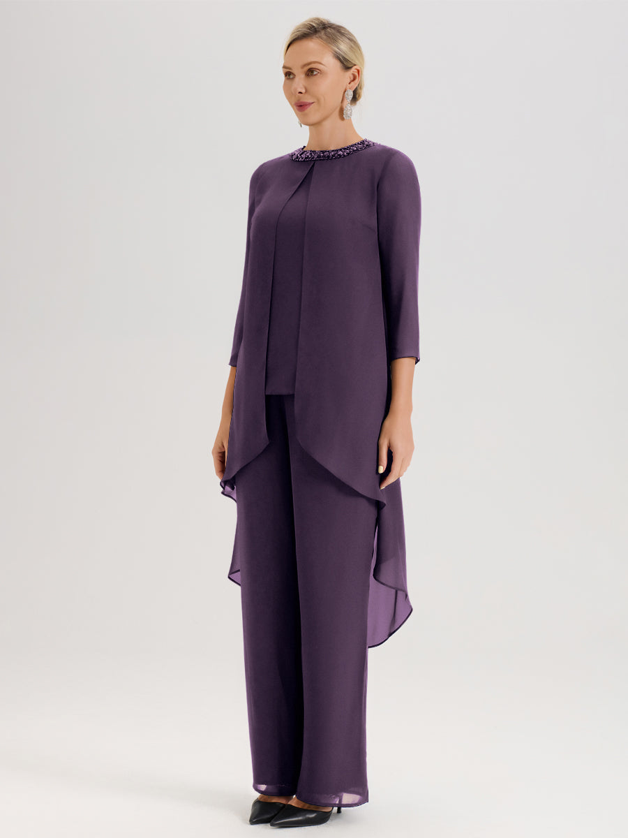 Cicinia Plum Ensemble Pantalon 2 Pièces Pour Mère De La Mariée En Mousseline À Col Rond Et Manches Longues