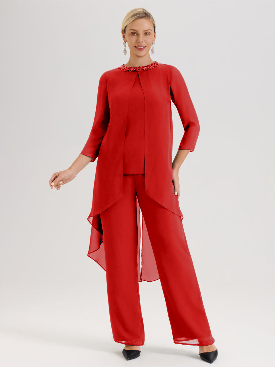 Cicinia Rouge Ensemble Pantalon 2 Pièces Pour Mère De La Mariée En Mousseline À Col Rond Et Manches Longues