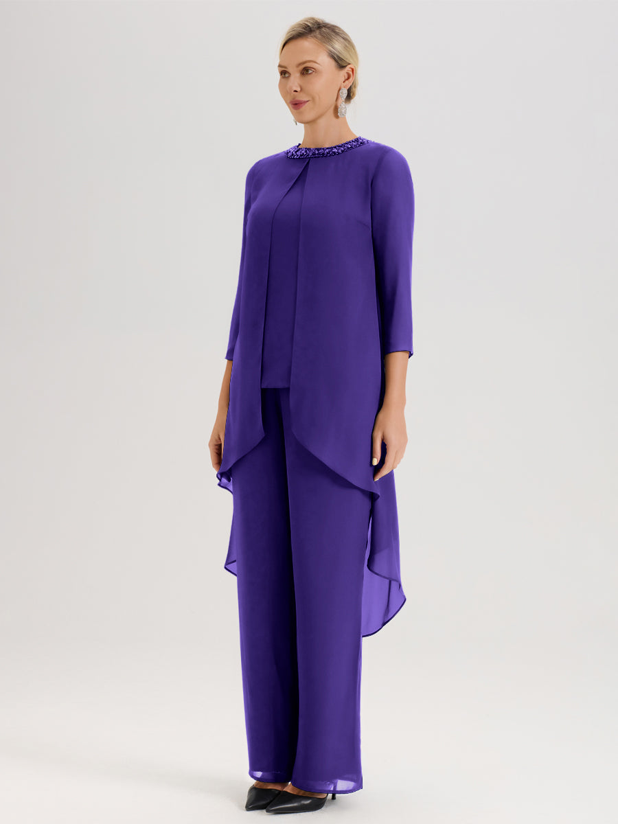 Cicinia Régence Ensemble Pantalon 2 Pièces Pour Mère De La Mariée En Mousseline À Col Rond Et Manches Longues