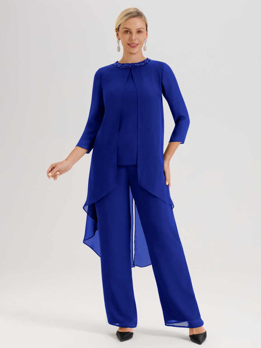 Cicinia Bleu Royale Ensemble Pantalon 2 Pièces Pour Mère De La Mariée En Mousseline À Col Rond Et Manches Longues