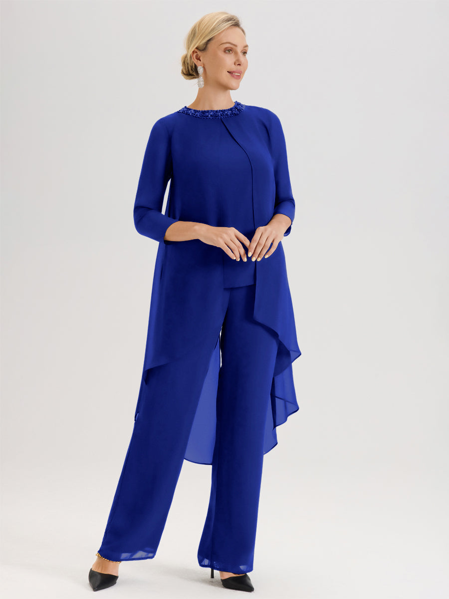 Cicinia Bleu Royale Ensemble Pantalon 2 Pièces Pour Mère De La Mariée En Mousseline À Col Rond Et Manches Longues
