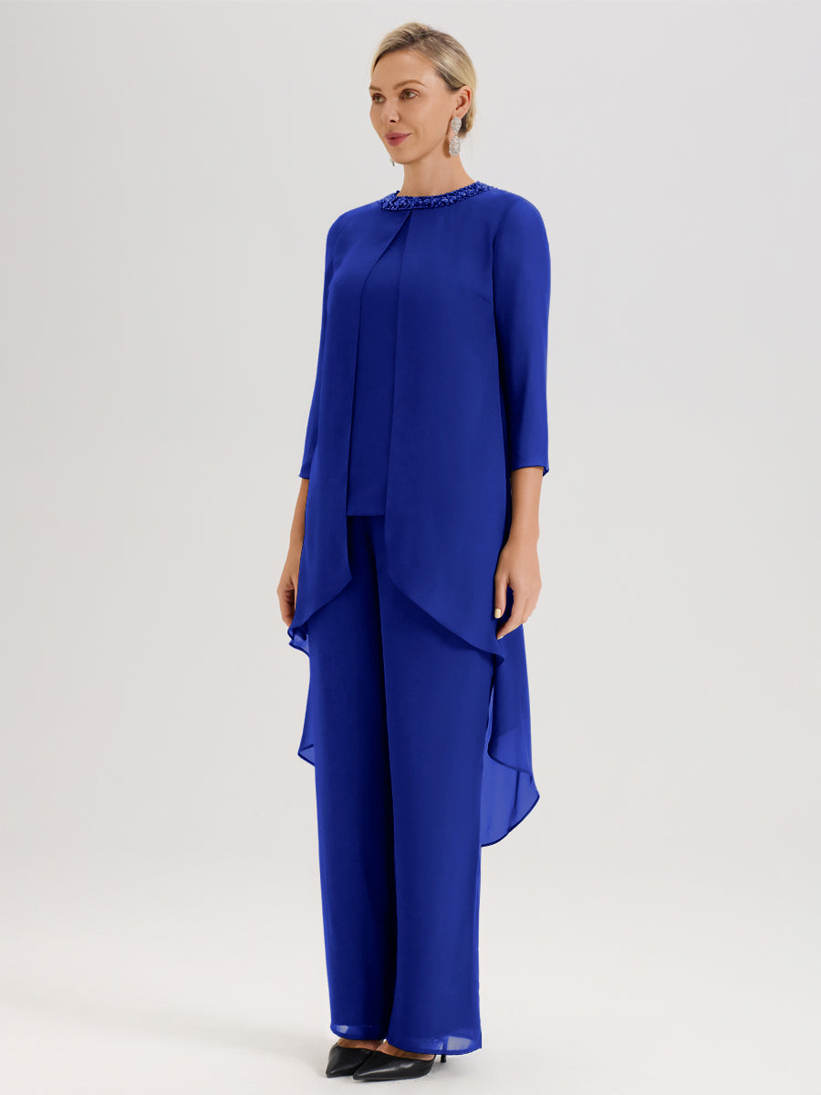 Cicinia Bleu Royale Ensemble Pantalon 2 Pièces Pour Mère De La Mariée En Mousseline À Col Rond Et Manches Longues