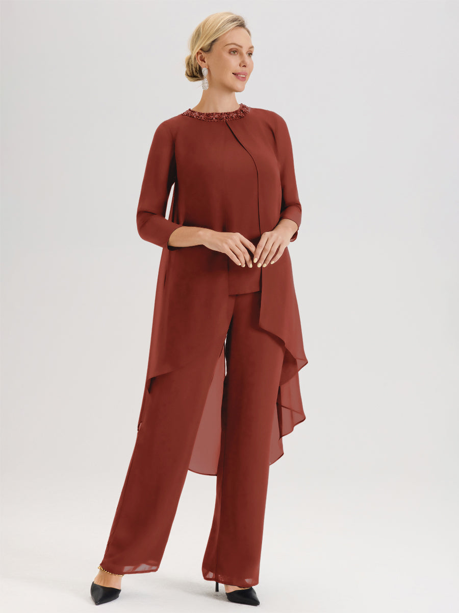 Cicinia Rouille Ensemble Pantalon 2 Pièces Pour Mère De La Mariée En Mousseline À Col Rond Et Manches Longues