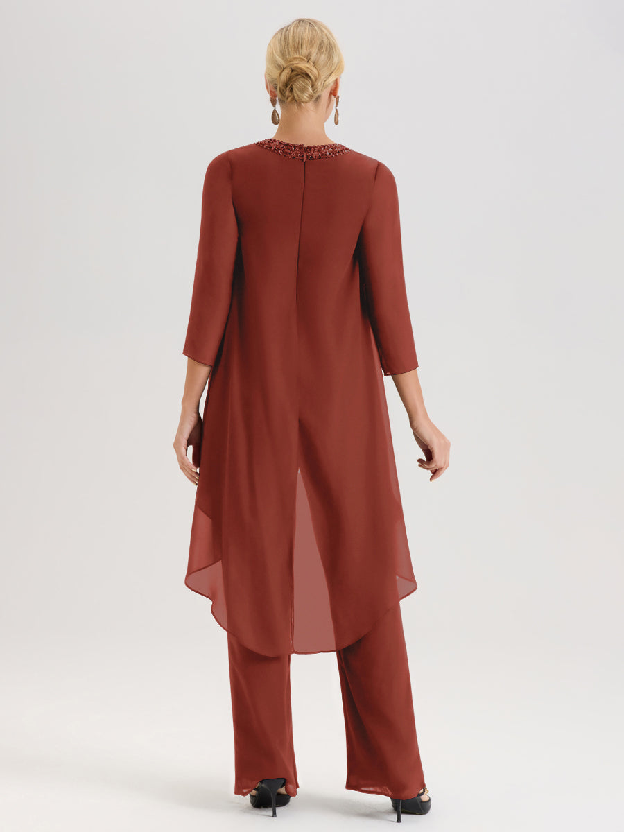 Cicinia Rouille Ensemble Pantalon 2 Pièces Pour Mère De La Mariée En Mousseline À Col Rond Et Manches Longues