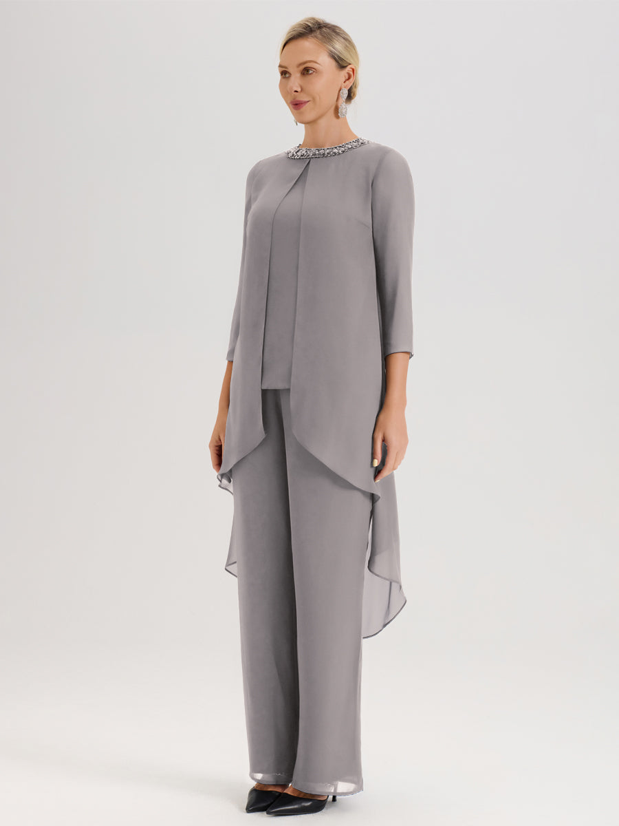 Cicinia Argent Ensemble Pantalon 2 Pièces Pour Mère De La Mariée En Mousseline À Col Rond Et Manches Longues