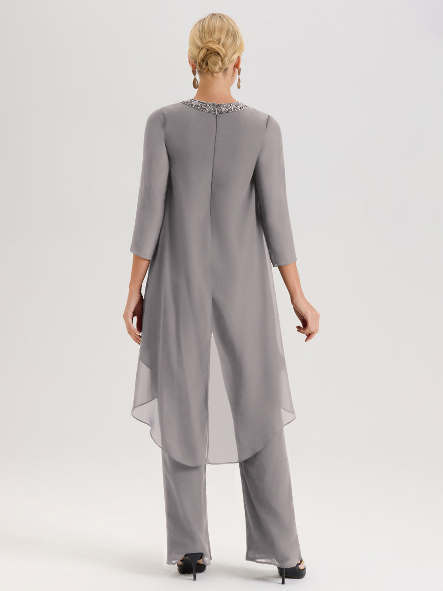 Cicinia Argent Ensemble Pantalon 2 Pièces Pour Mère De La Mariée En Mousseline À Col Rond Et Manches Longues
